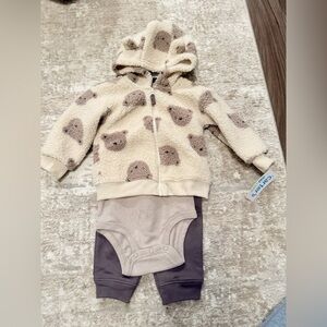 Carter's Cream and Brown Bear Sherpa Hoodie 3 piece Set size 18M -NWT